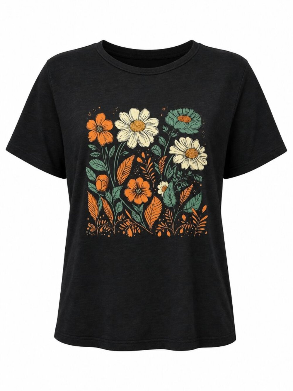 Women's Graphic Tee Casual Short Sleeve Round Neck Floral, BLACK, Size LARGE
